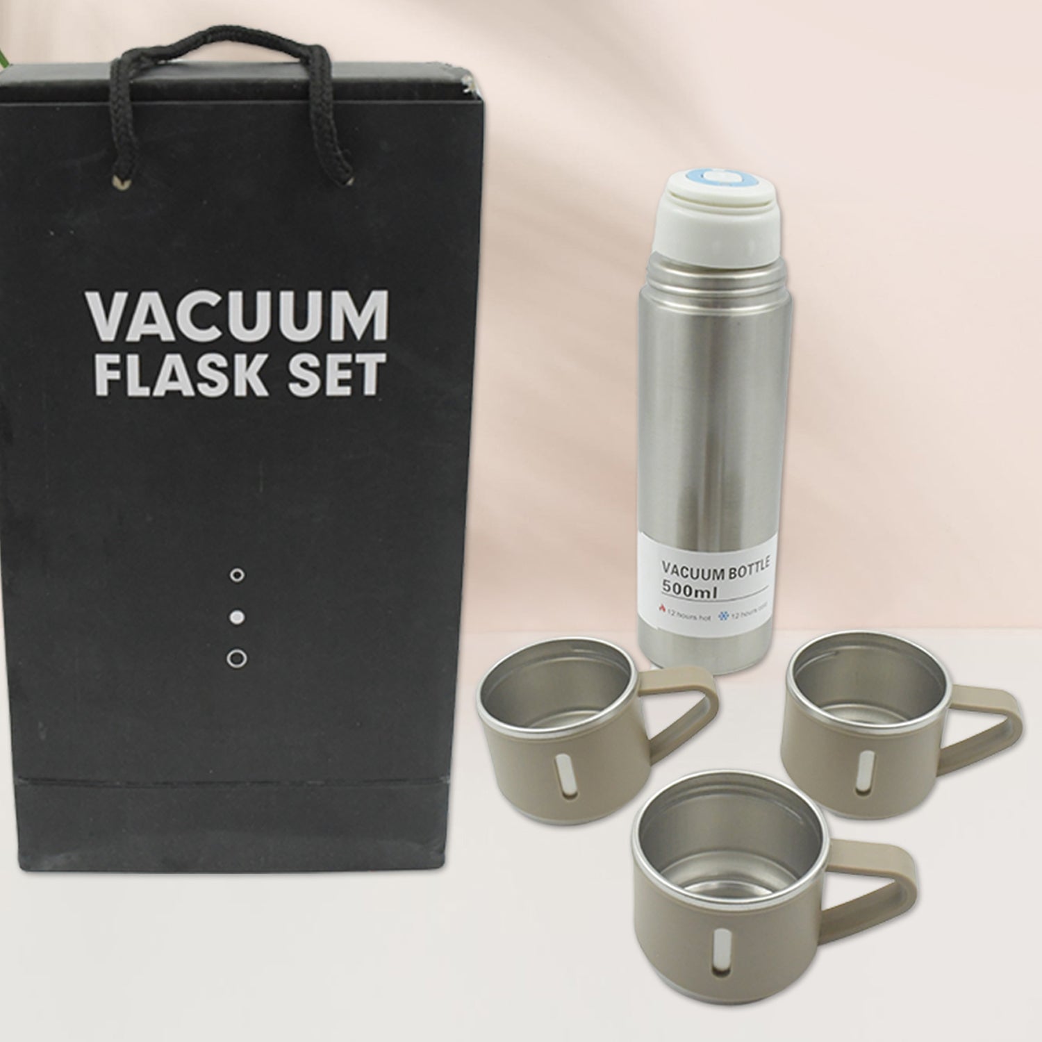 Stainless Steel Vacuum Flask Set With 3 Steel Cups Combo For Coffee Hot Drink And Cold Water Flask Ideal Gifting Travel Friendly Latest Flask Bottle. (500ml)