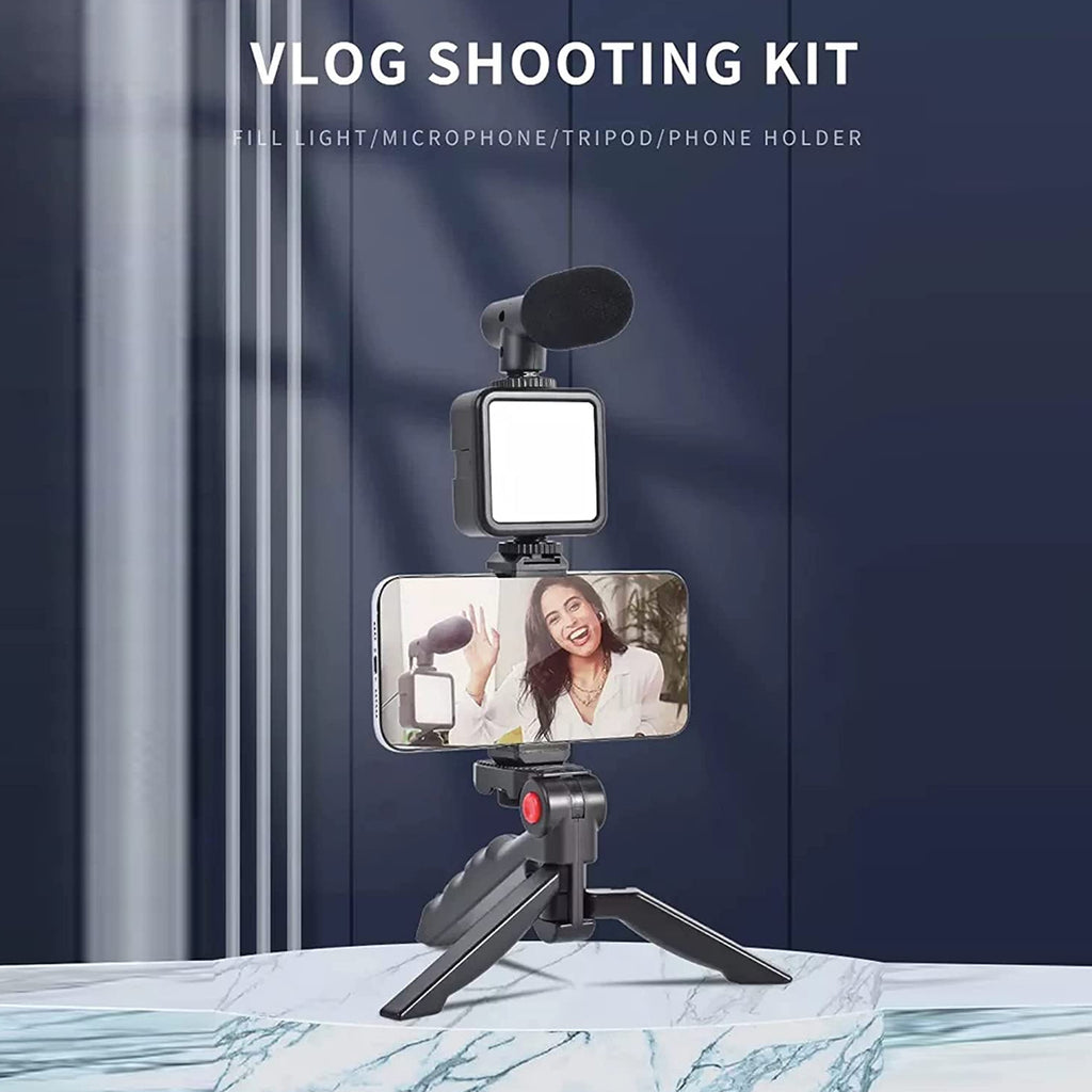 Vlogging Kit For Video Making With Mic Mini Tripod Stand Led Light  Phone Holder Clip For Making Videos